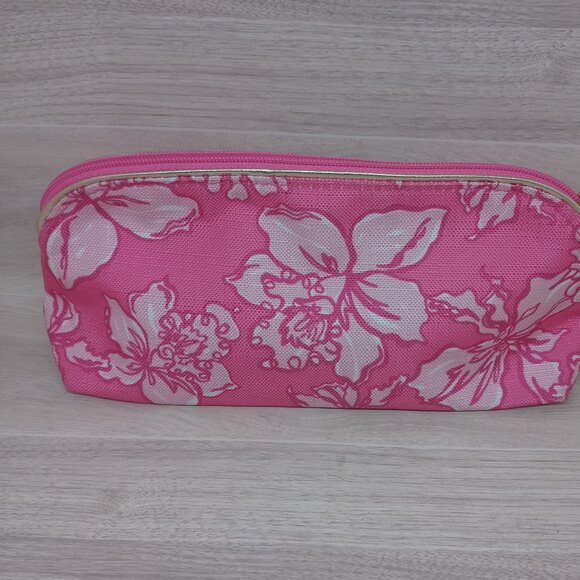 Lilly Pulitzer & Estee Lauder Pink Floral Cosmetic Makeup Bag with Gold Trim - Picture 4 of 12